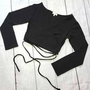 CUTE BLACK CROP TOP, CROSS STRIPS, V NECK, LONG SLEEVE